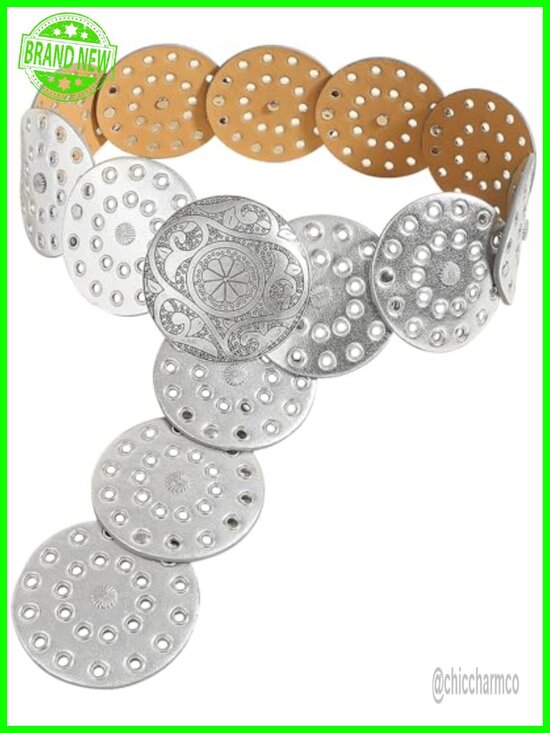 Wide Disc Belt PU Leather Waist Belt Metal Buckle Boho